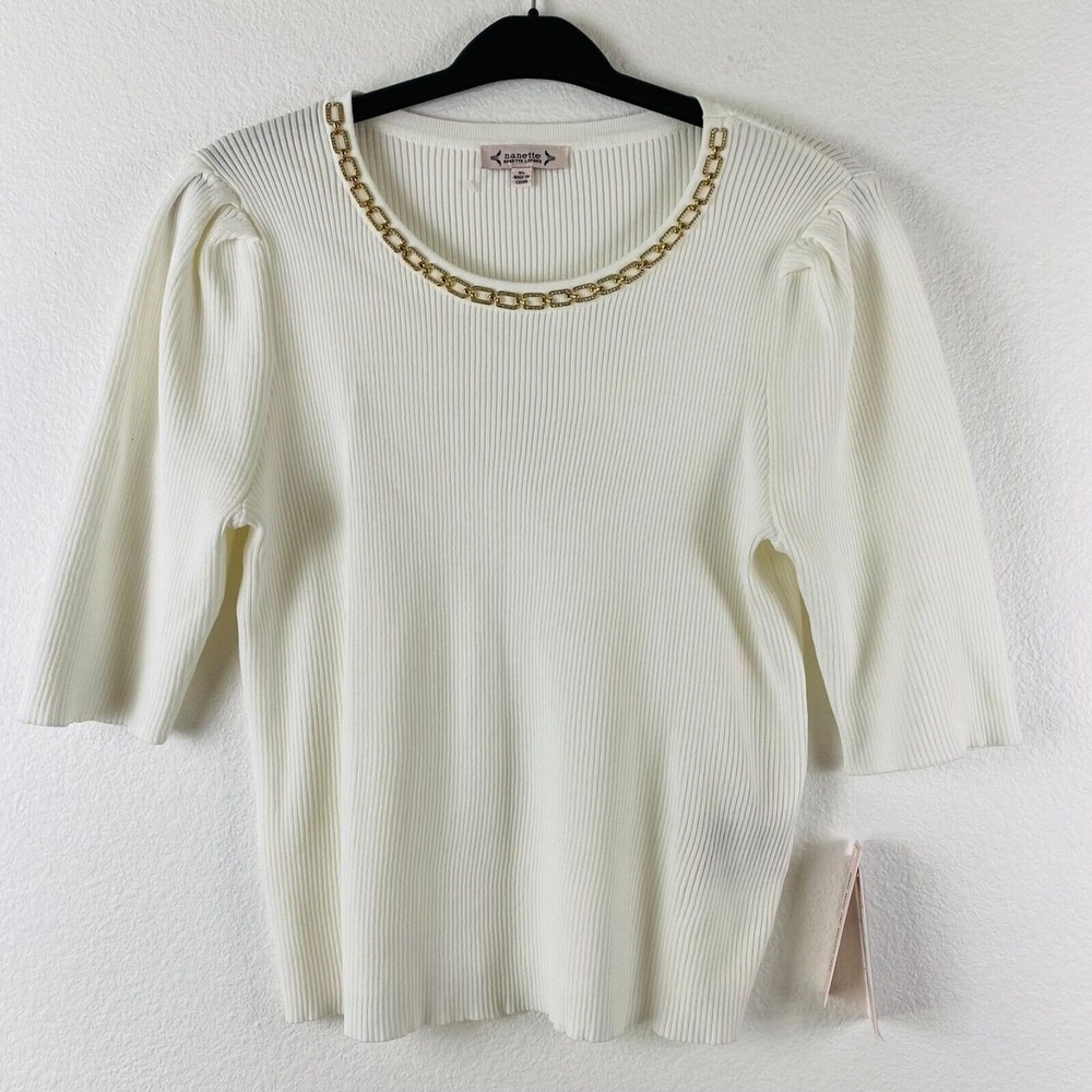 NWT Nanette Lepore Women's Top XL White Scoop Neck  Knit ‎ Puff Sleeve